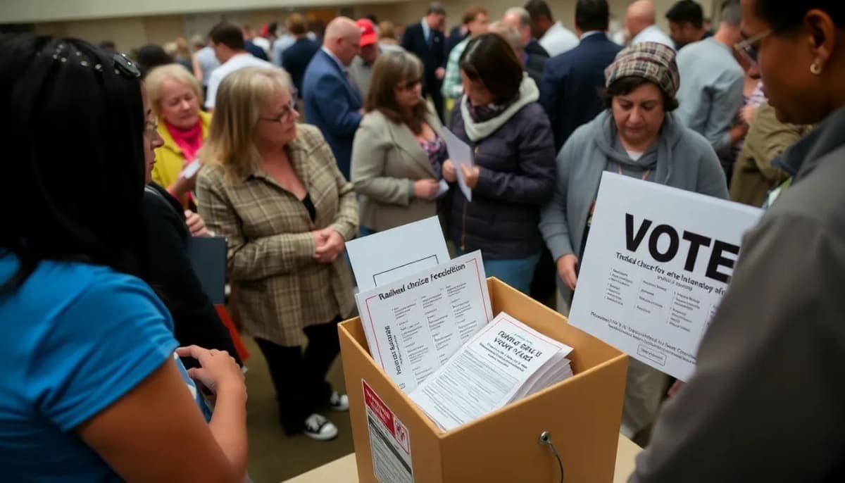 Polling station in Newburgh for ranked choice voting with voters engaging.