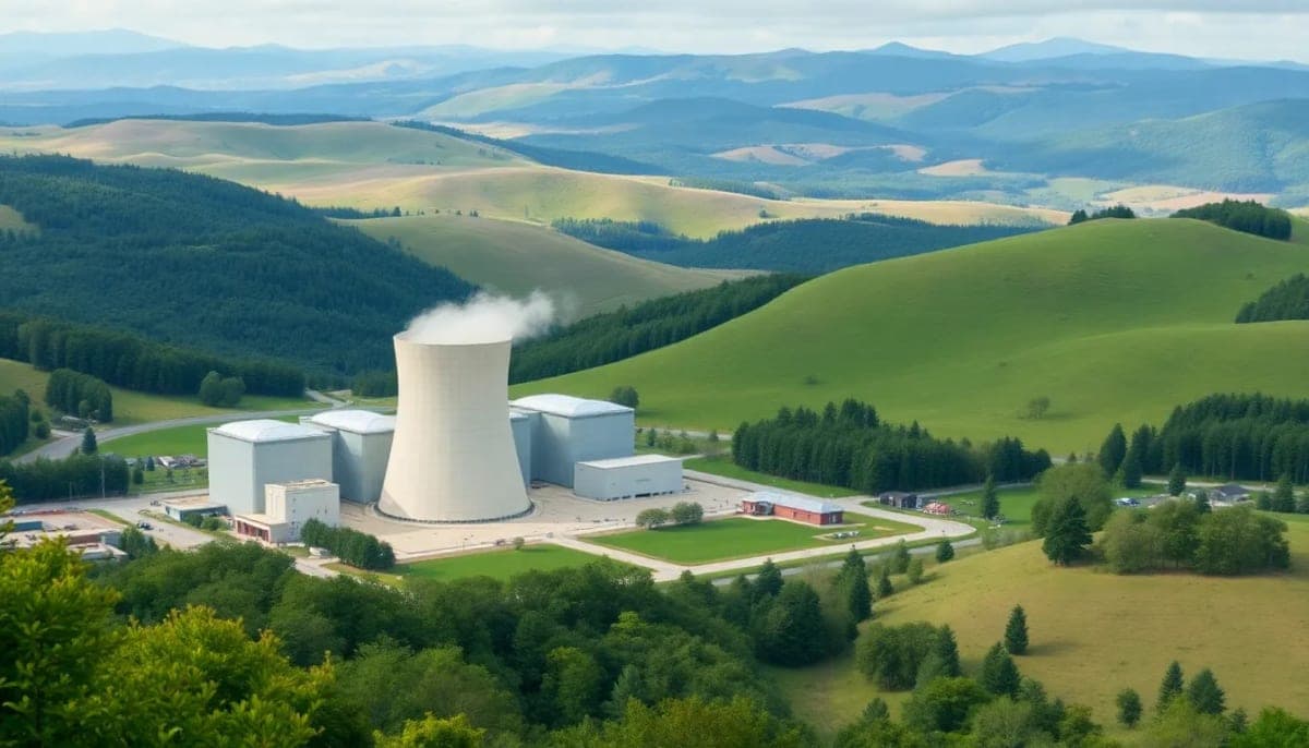 Nuclear power plant nestled in Westchester County landscape.