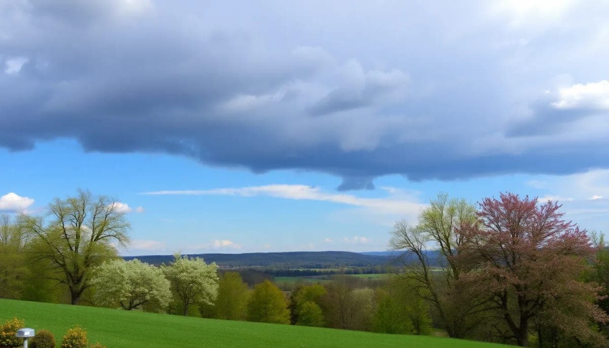 Scenic spring view in Westchester County with dark clouds in the distance.