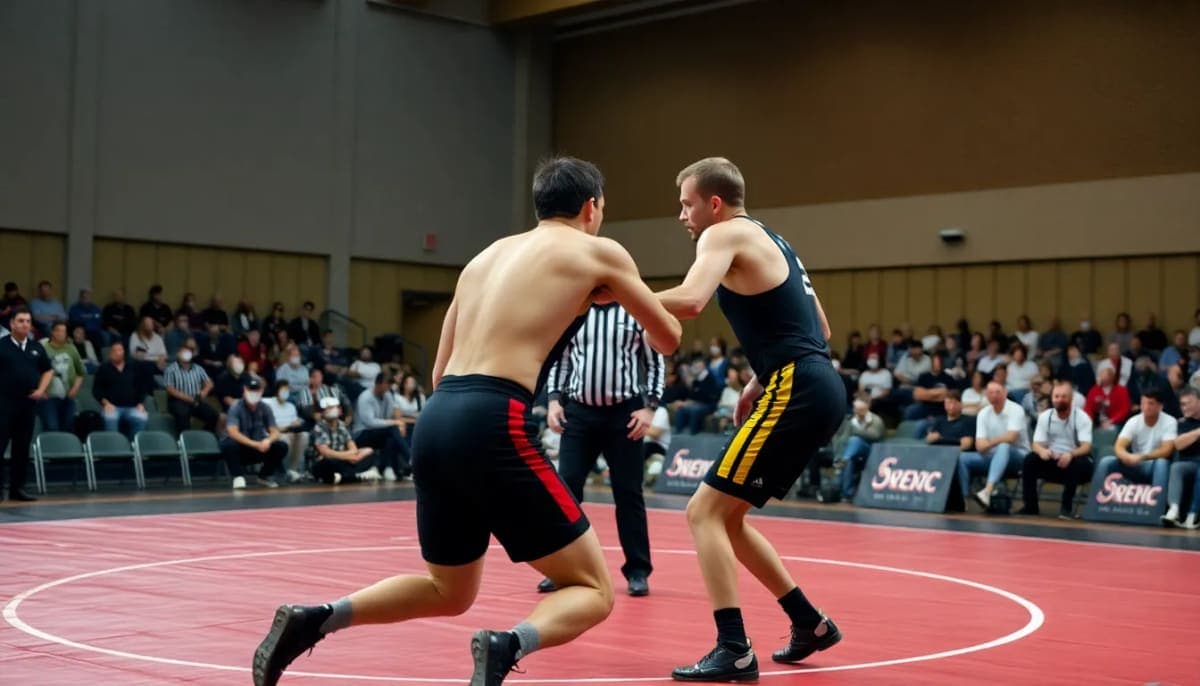 A wrestling match in progress, featuring two competitors and a referee in a packed arena.
