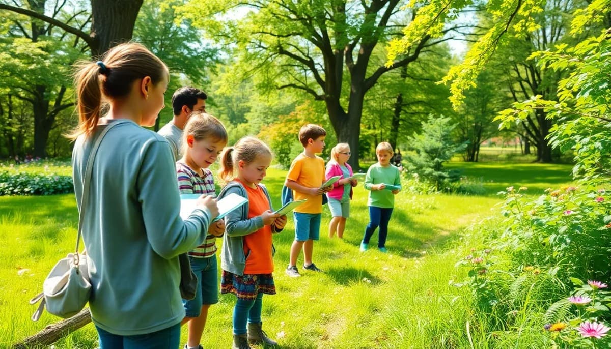 Families enjoying a scavenger hunt outdoors in Rivertowns, promoting environmental awareness.