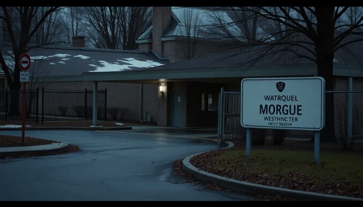 Entrance of a morgue in Westchester, conveying a serious tone.