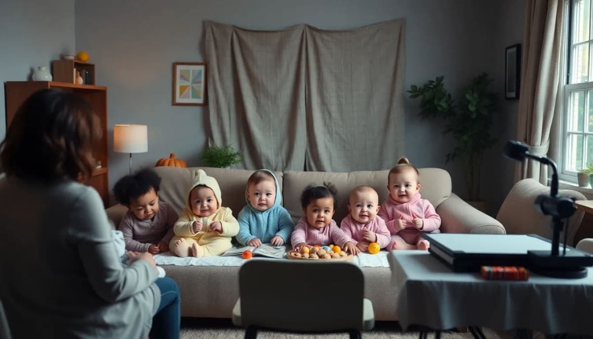 A cozy home setting with babies auditioning for a film role, casting setup visible.