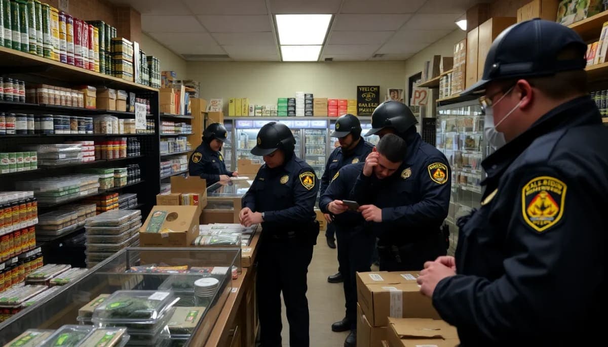 Police officers conducting a raid at a smoke shop in Westchester County.