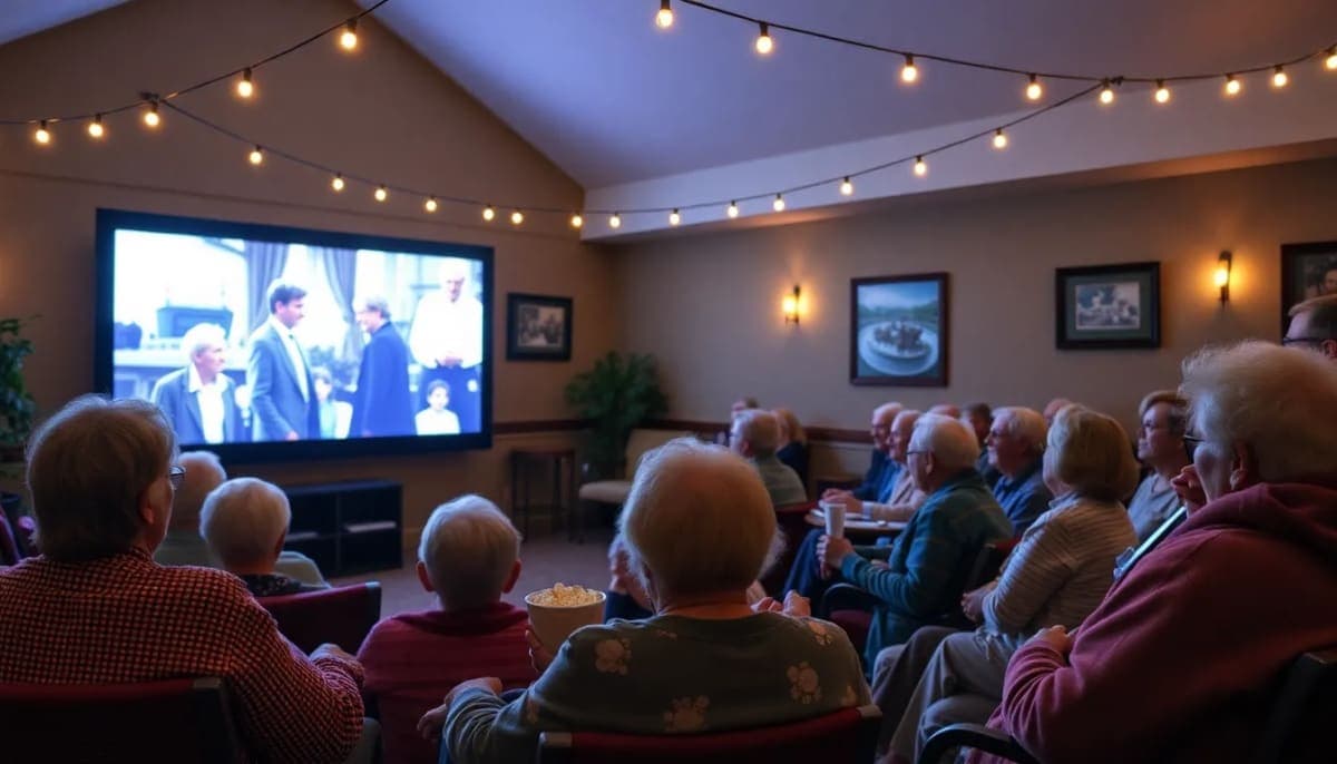 Residents of Westchester enjoying a classic film during a community movie night.