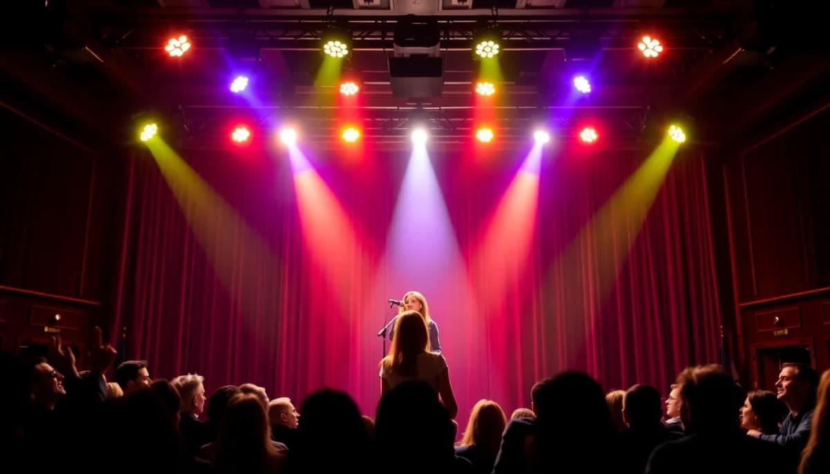 Comedic performance on stage with bright lights and an engaged audience.
