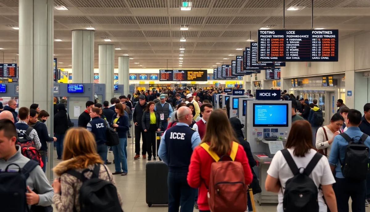 Passengers at a Westchester airport with ICE agents assisting at security checkpoints.