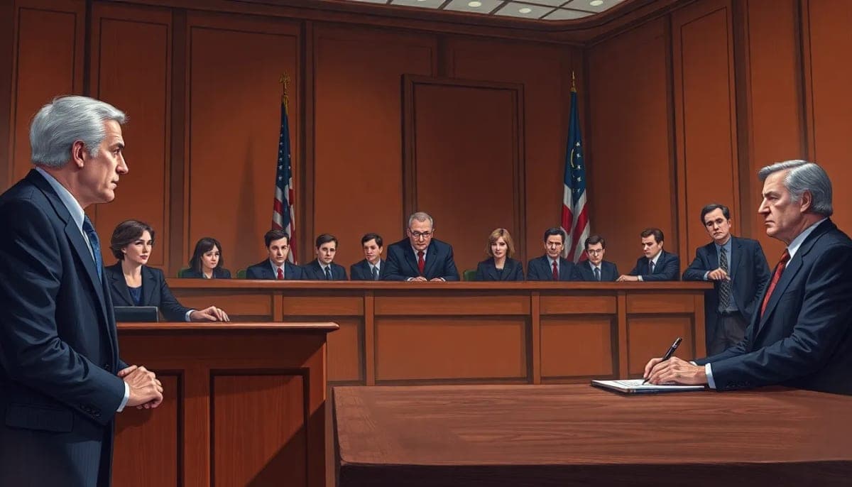 Courtroom scene for a murder trial, illustrating law and order in Westchester County.