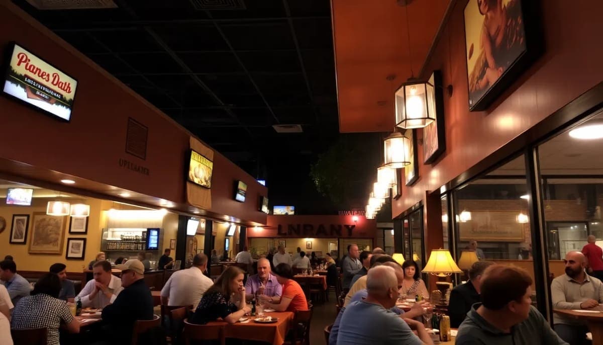 Interior of the Clumsy Compendium restaurant filled with patrons enjoying meals.