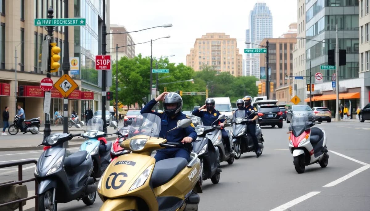 New Rochelle street with scooters, mopeds, and police monitoring traffic