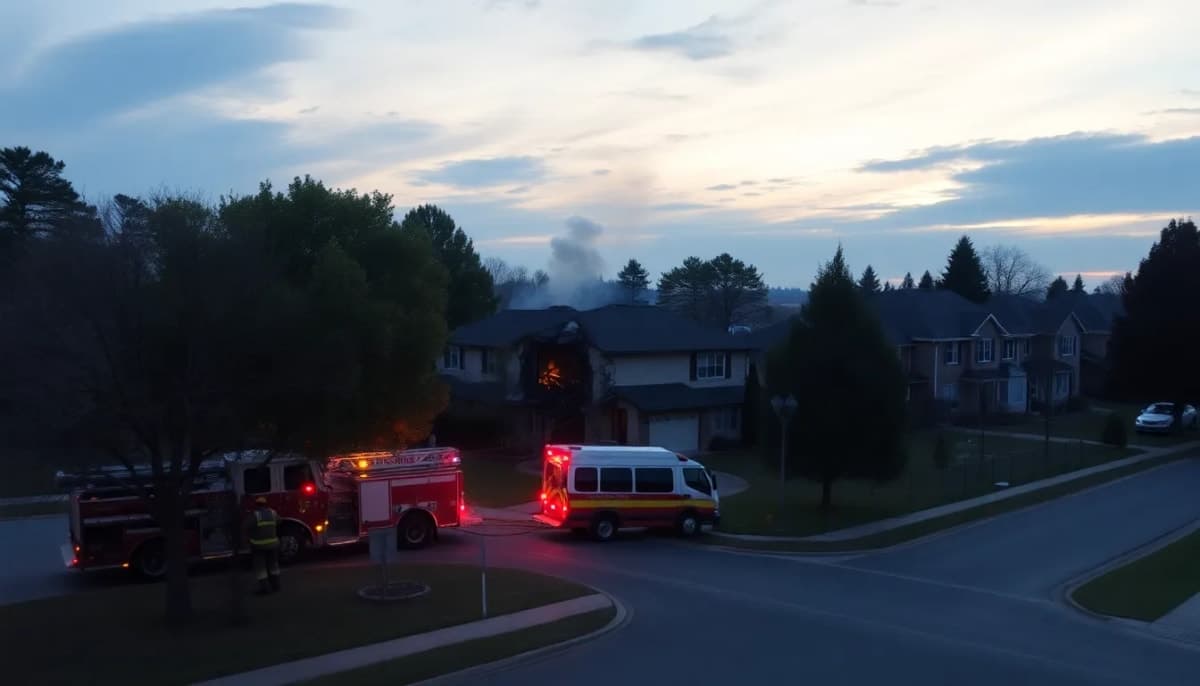 Charred remains of a house with emergency responders at the scene.