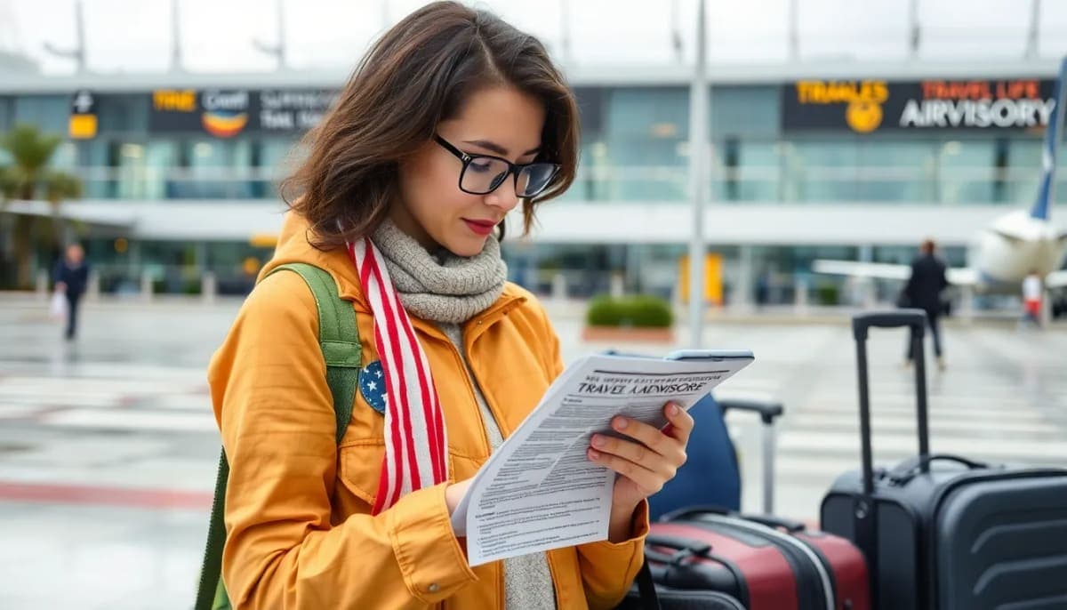 American traveler checking for security updates at the airport.