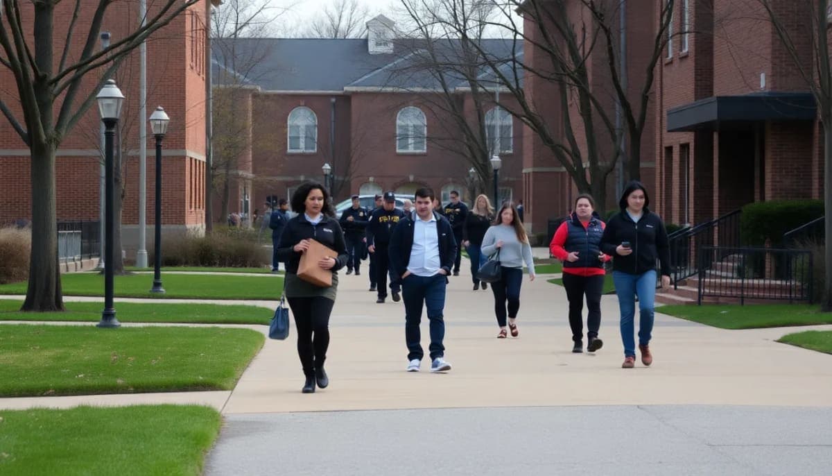 Westchester college campus scene with students and police presence.