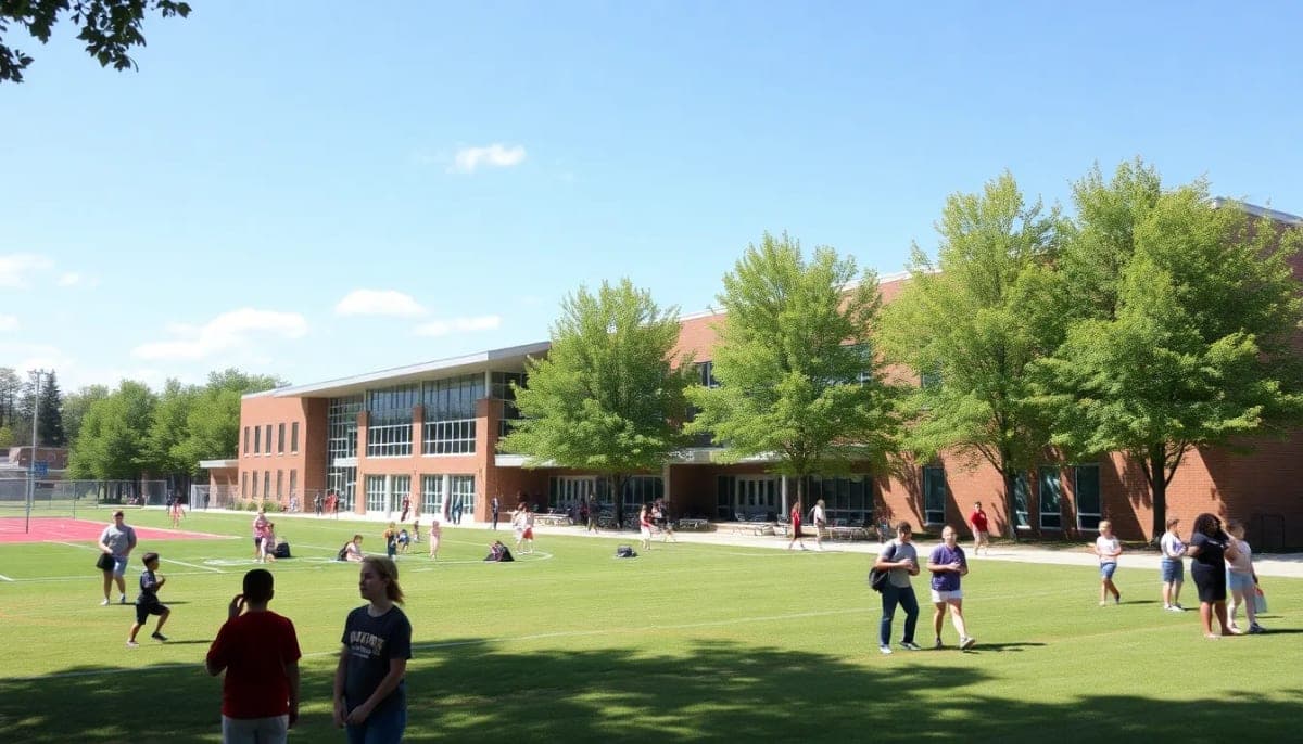 Pleasantville School outdoor view with students and modern facilities.