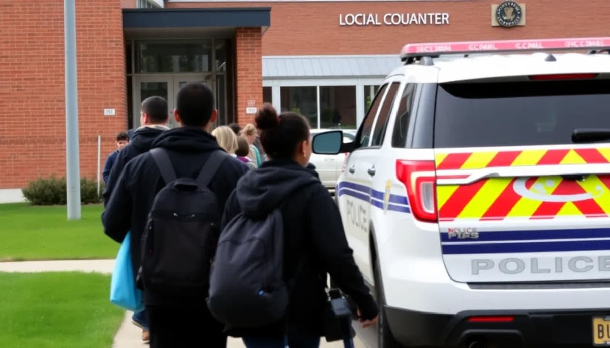 Westchester school with students and police presence in the background.