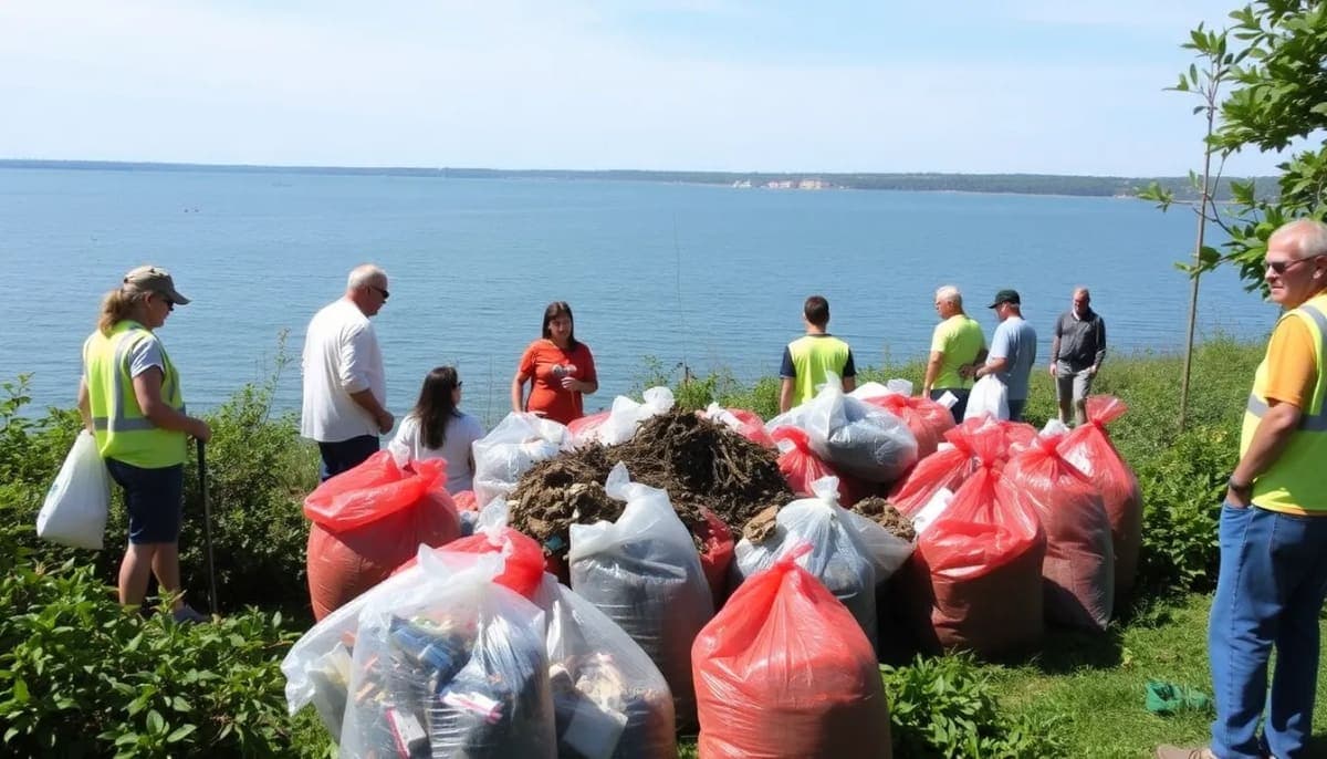 Volunteers cleaning trash at Long Island Sound, showcasing community effort.