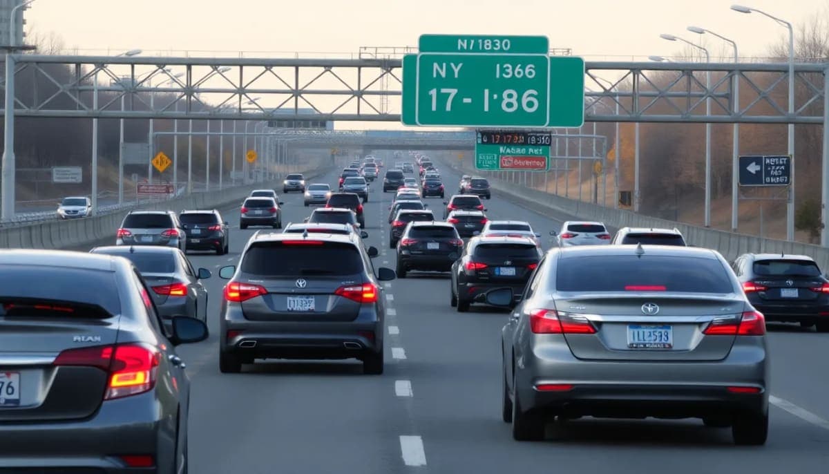 Busy NY-17/I-86 highway in Westchester County, showcasing vehicles and traffic signs.