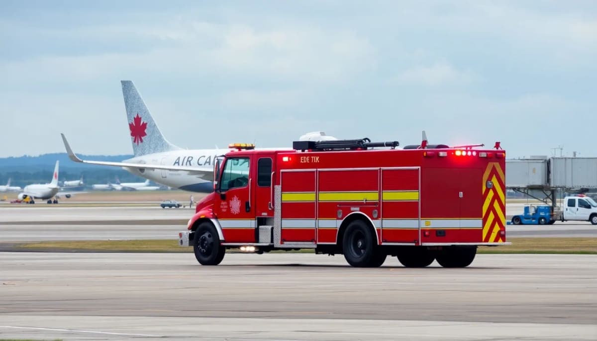 Fire truck and Air Canada plane on runway following a tragic accident at LaGuardia Airport.