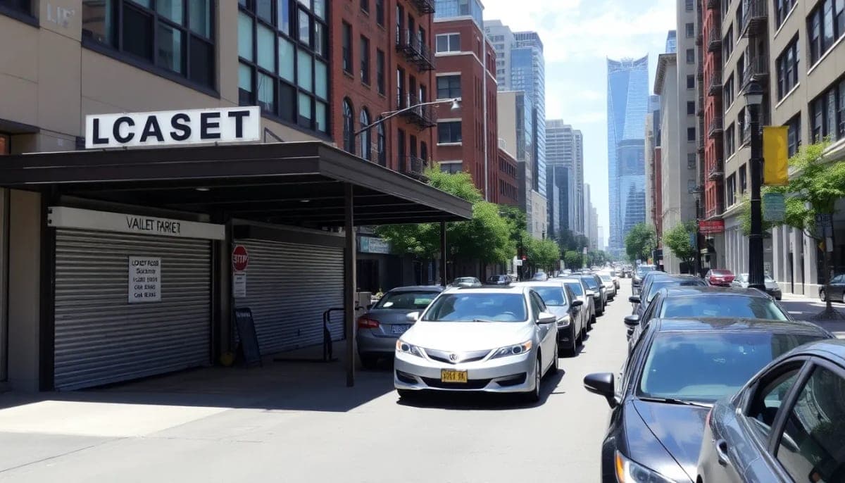 Urban street in New Rochelle, closed valet station due to theft scandal.