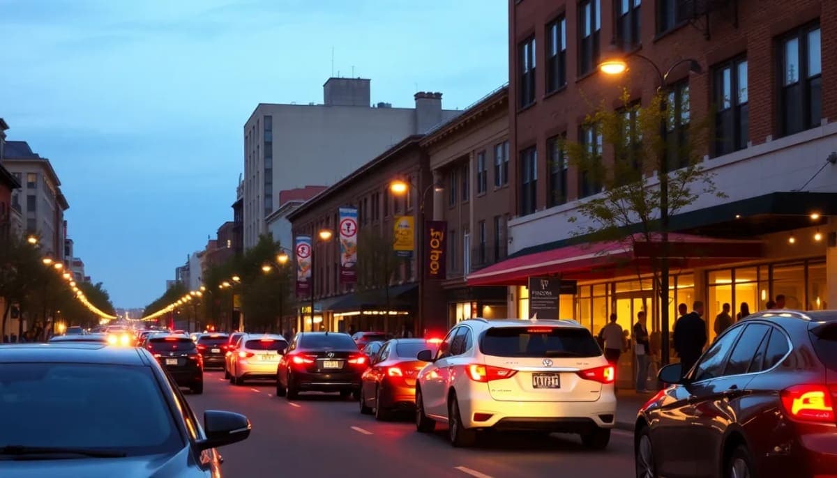 Valet parking scene in New Rochelle with cars and lively street ambiance.
