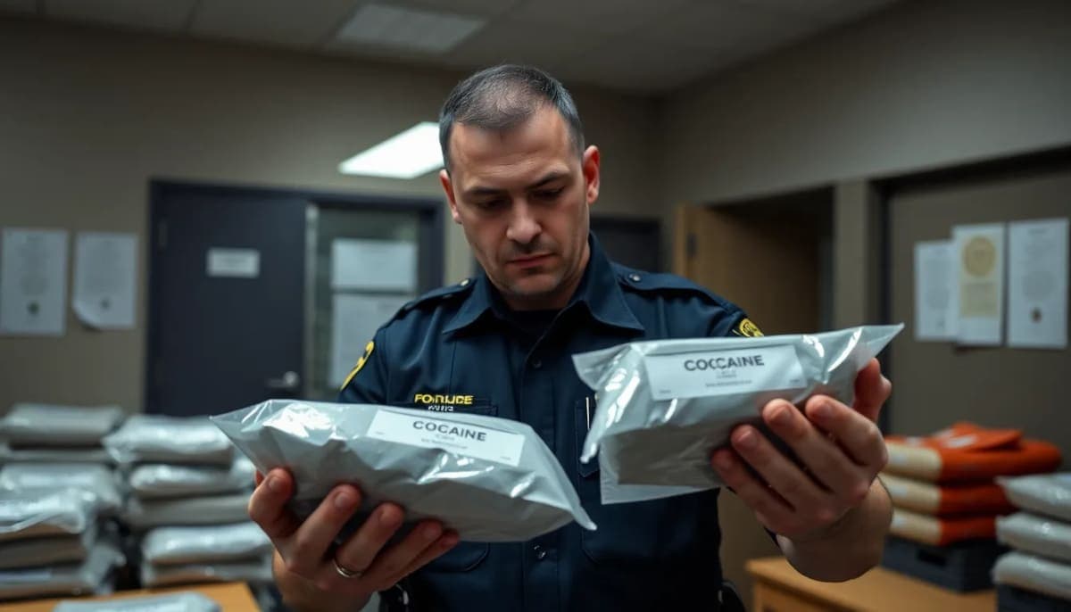 Police officer examining a cocaine shipment evidence at a police station.