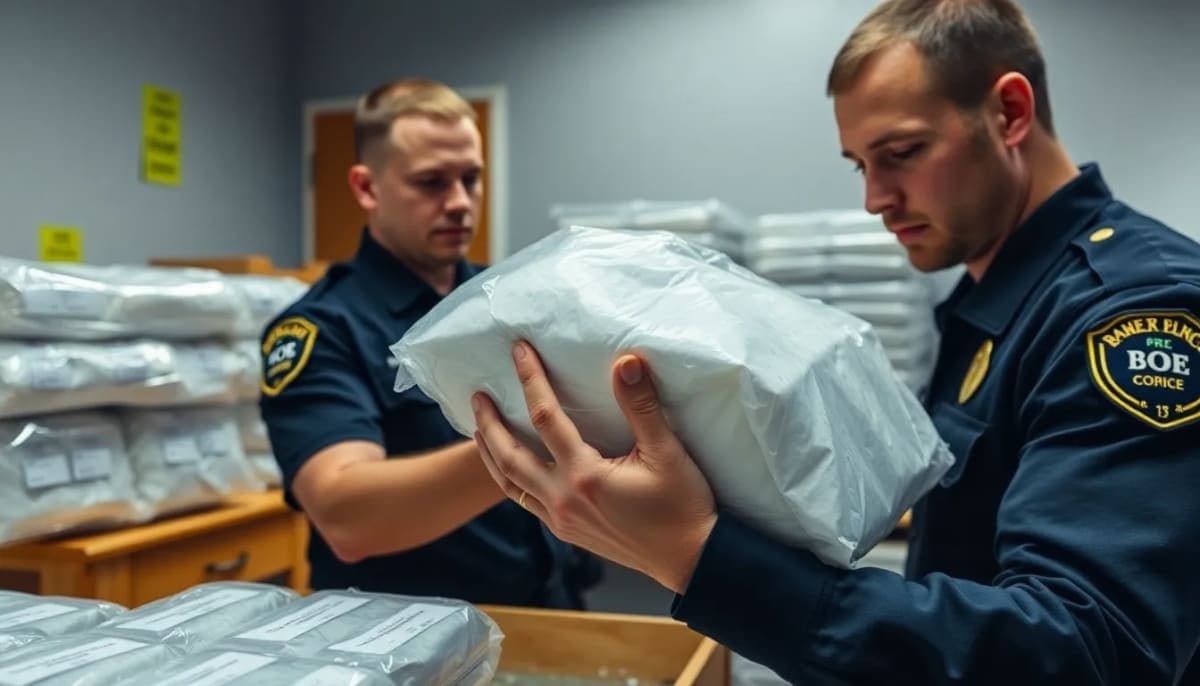 Evidence room with cocaine seizure displayed for law enforcement inspection.