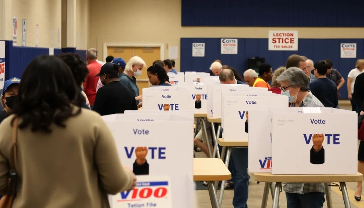 A busy polling place in Westchester County during an election with voters at work.