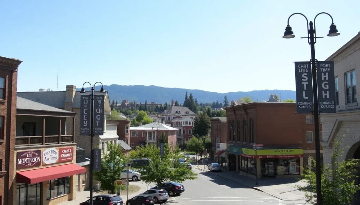 Downtown Mount Vernon with construction sites and community spaces in view.