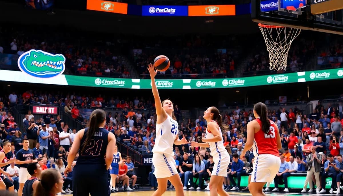 Women playing basketball at the University of Florida with fans cheering in the background.
