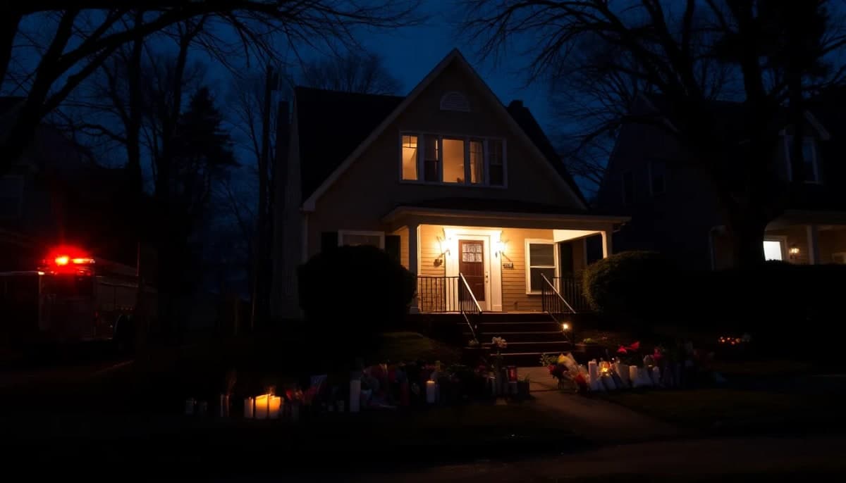 A Westchester home with candles and flowers laid out in tribute after a fire tragedy.