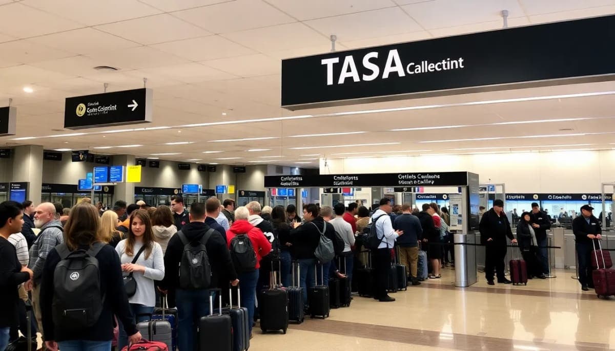 TSA checkpoint crowded with travelers during busy airport hours.