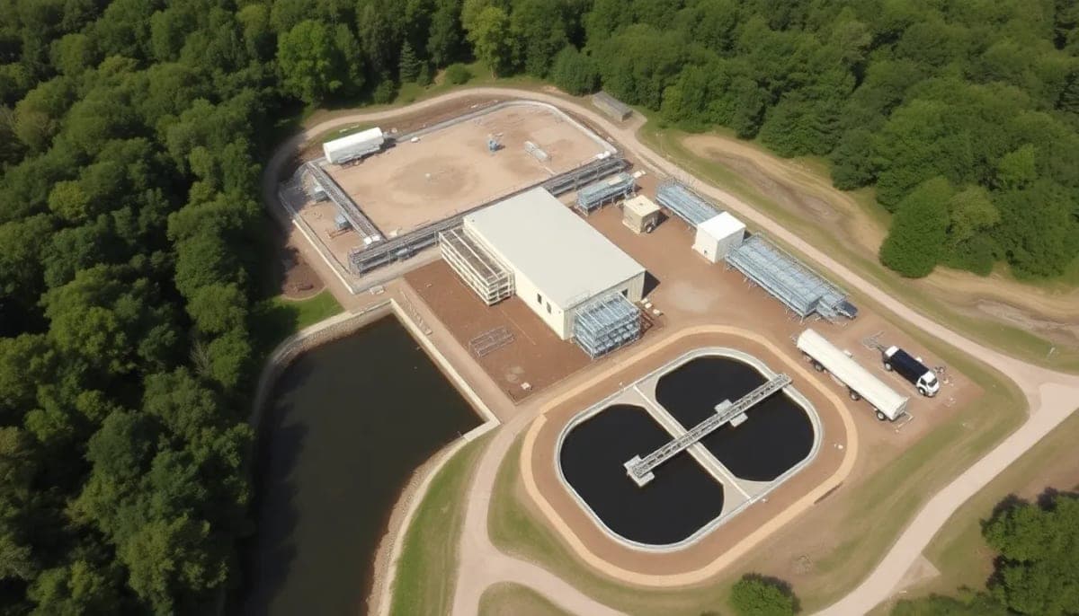 Overview of Bloomingburg wastewater treatment plant upgrade site with construction work visible.