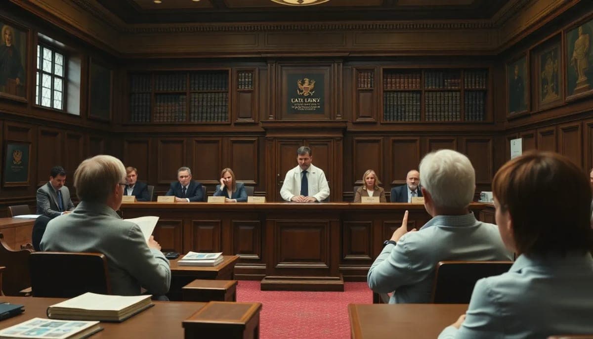Inside view of a courtroom where a jury is deliberating on a case.