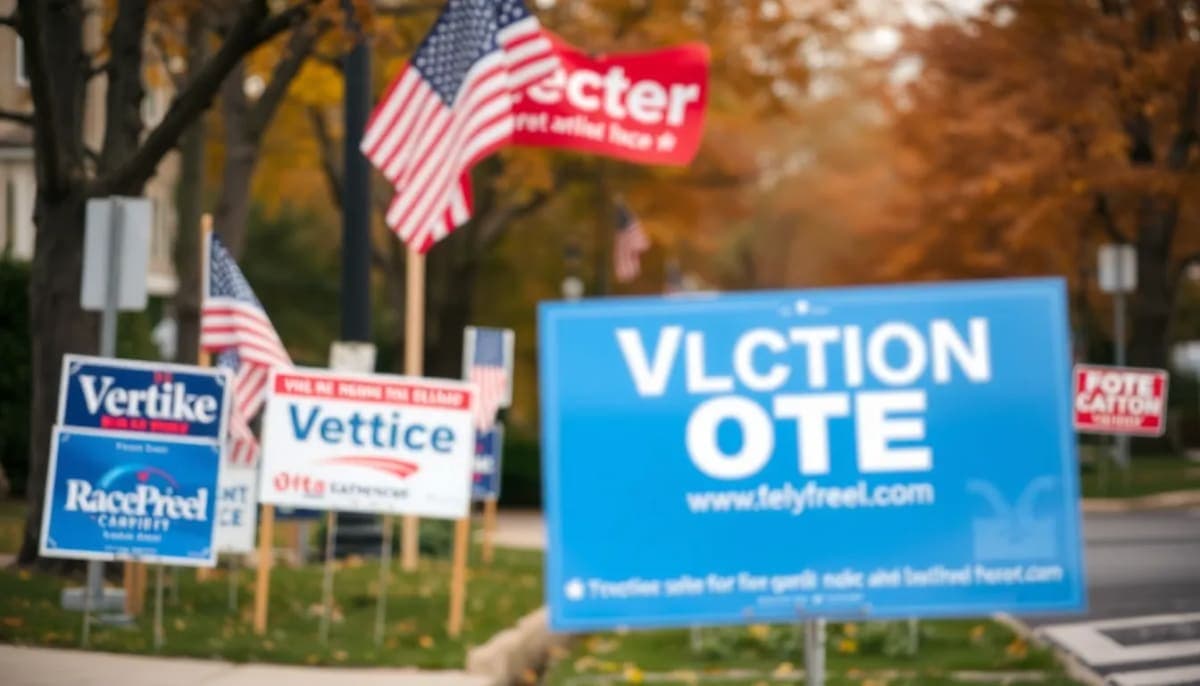 Suburban Westchester street with colorful campaign signs for local elections.