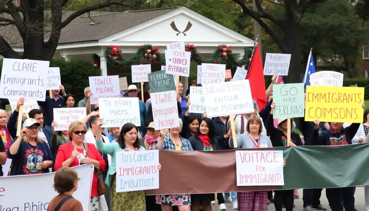Residents rally at Mount Kisco Village Green to support immigrant neighbors, holding signs and banners.