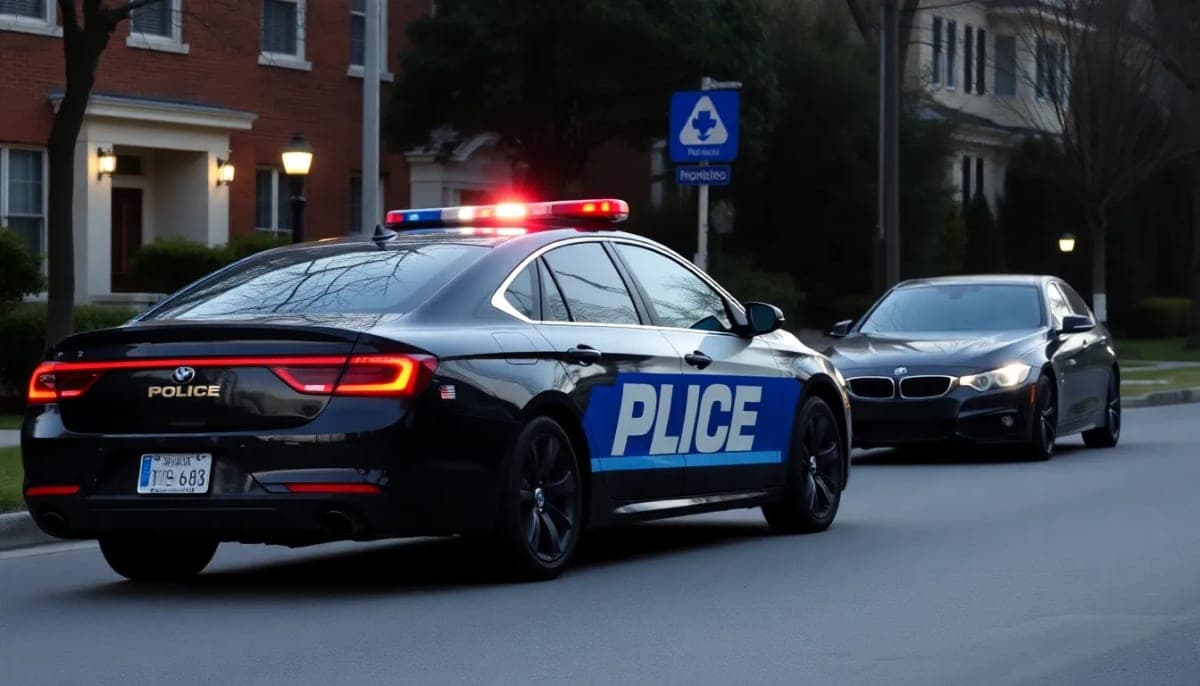 Police car and BMW at a traffic stop in Rye, NY.