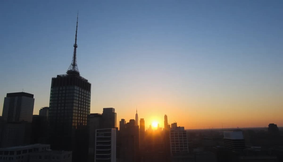 New York City skyline with a broadcast building at sunrise.