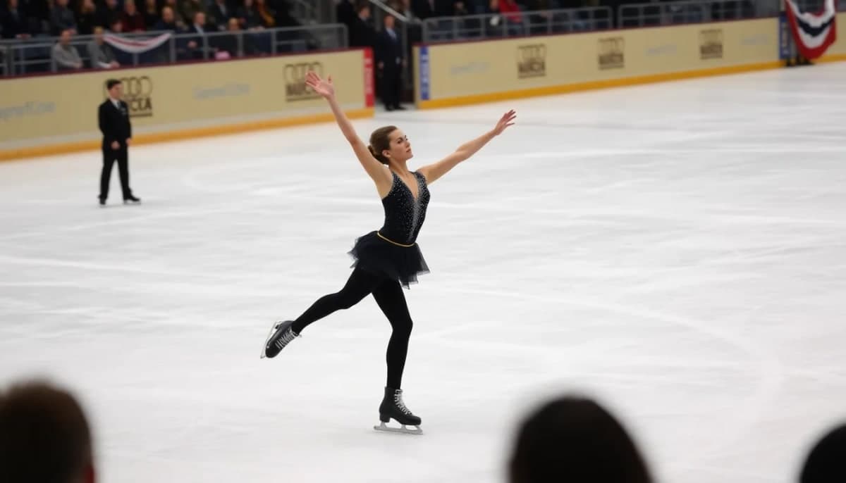 Figure skater performing at a championship on ice during a competition.