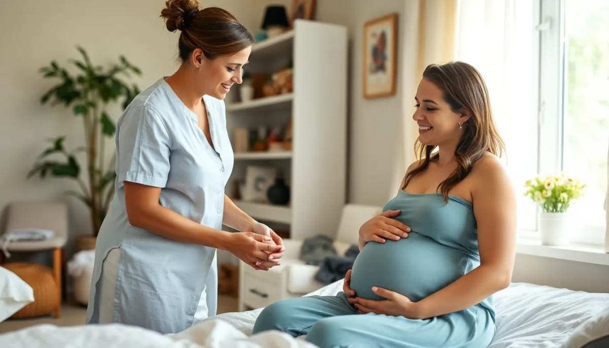 Midwife assisting expectant mother in a warm home setting.