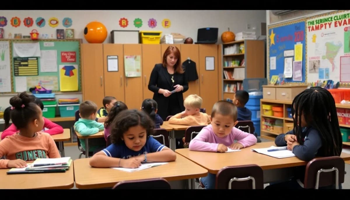 Classroom in Westchester with diverse students and a teacher focusing on smaller class sizes.