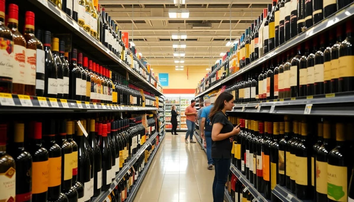 Grocery store aisle featuring various wine bottles for sale.