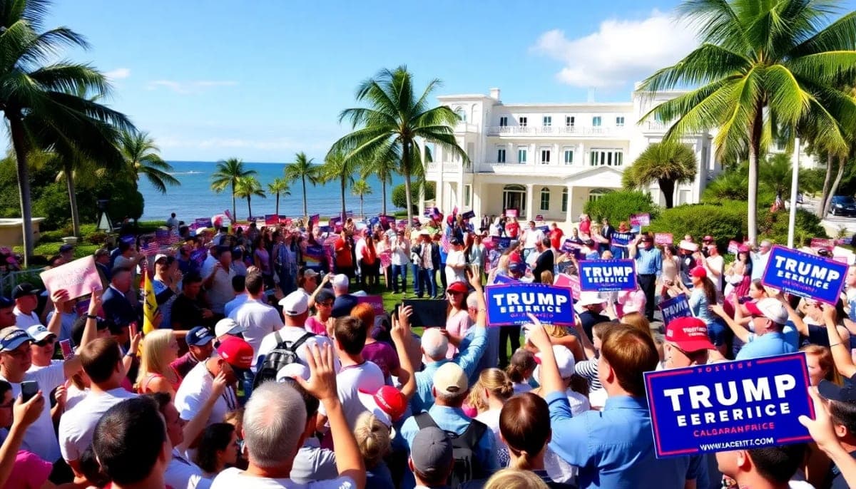 Political rally in Mar-A-Lago with supporter signs.