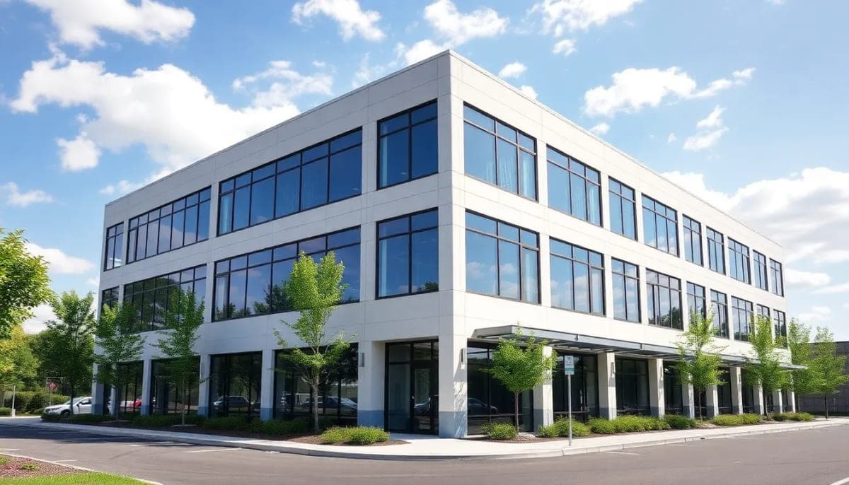 Modern office building with solar panels in Westchester, highlighting sustainable energy solutions.