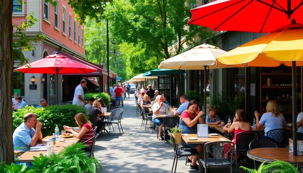 Outdoor dining scene in Larchmont with tables and diners enjoying the atmosphere.