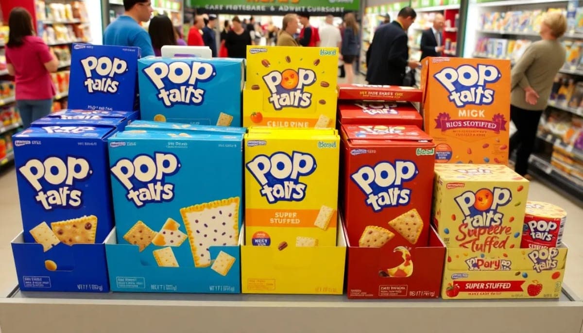 Display of Pop-Tarts including Super Stuffed flavors in a grocery store.
