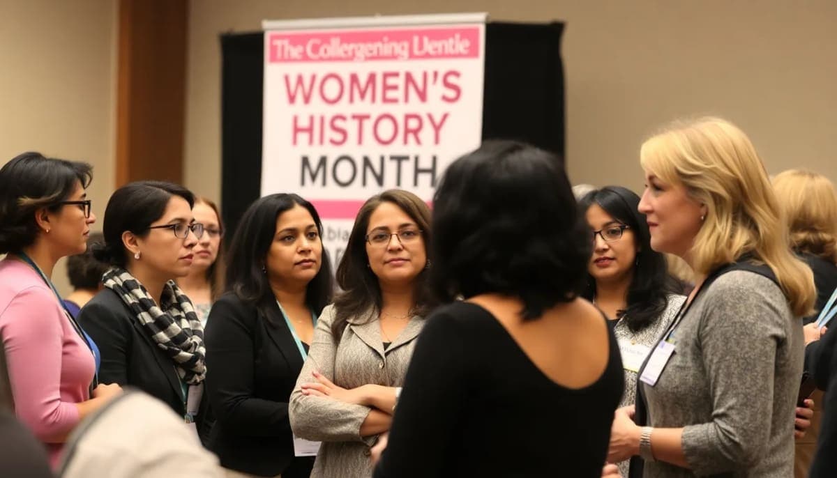 Women professionals discussing strategies to close the gender gap at an event.