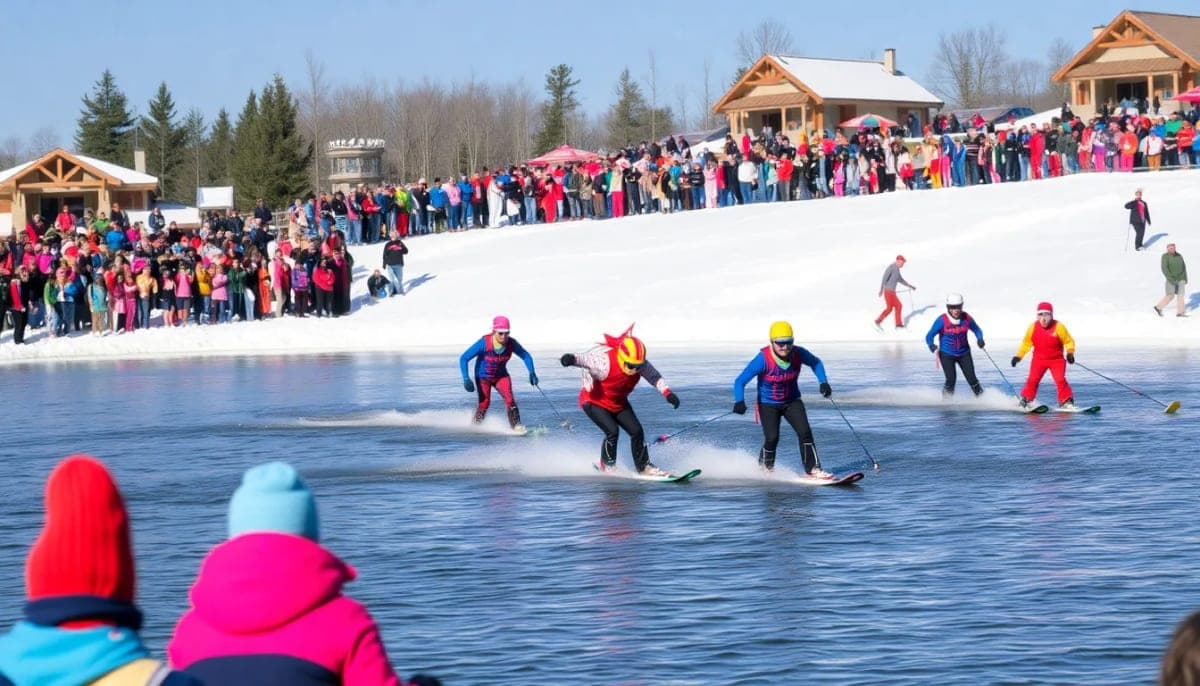 Participants in colorful costumes skimming across the water at Holiday Mountain's Pond Skim event.