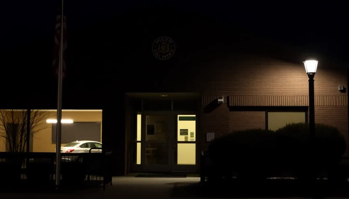 Exterior of a Westchester police precinct emphasizing law enforcement themes.
