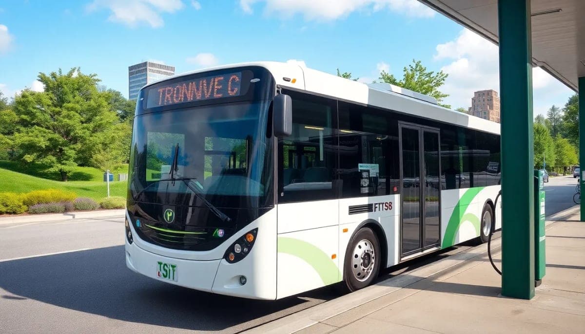 Electric bus at transit station in Westchester County, New York.