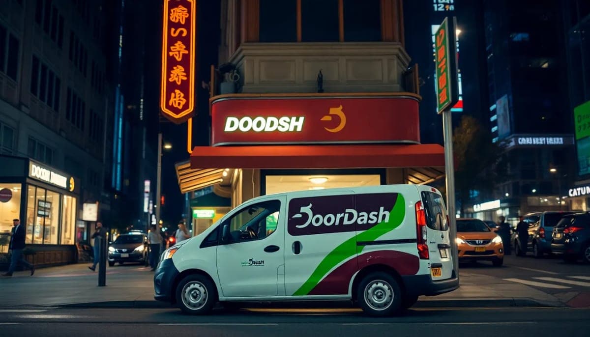 A DoorDash delivery vehicle parked outside a restaurant at night in Westchester County.
